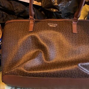 GUESS Tan and Brown Monogram Duffel Bag